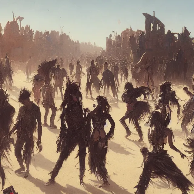 Image similar to a painting of a punk festival at the desert by greg rutkowski, dark fantasy art, high detail, trending on artstation