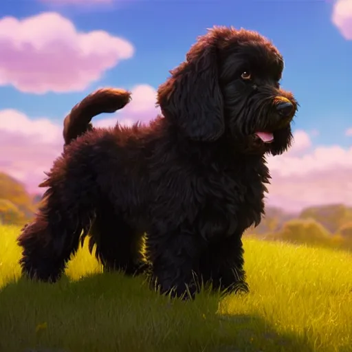 Image similar to a wholesome animation key shot of a black bernedoodle puppy, studio ghibli, pixar and disney painting, sharp, rendered in unreal engine 5, key art by greg rutkowski, bloom, dramatic lighting