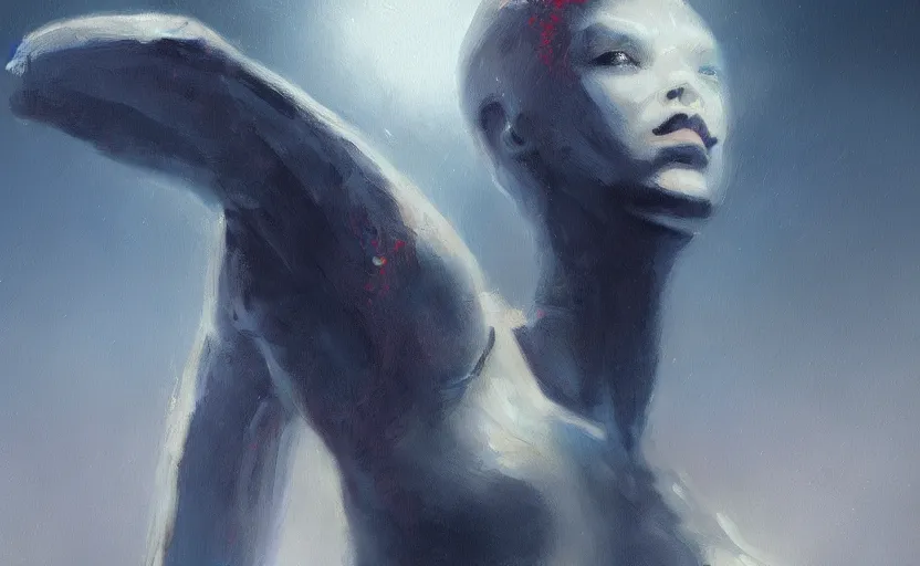 Image similar to a painting of a beautiful alien women trending on artstation in the style of greg rutkowski