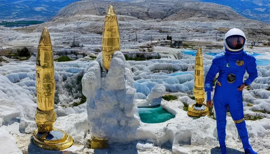 Prompt: a lush pamukkale high - tech city landscape with gold beautiful temples and royal blue mage wearing a space suit wondering around the luxurious street