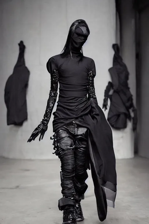 Image similar to beautiful androgynous high fashion avant garde techwear look and clothes, we can see them from feet to head, highly detailed and intricate, hypermaximalist, luxury, cinematic, rick owens, yohji yamamoto, y 3, outfit photo, trending on r / streetwear