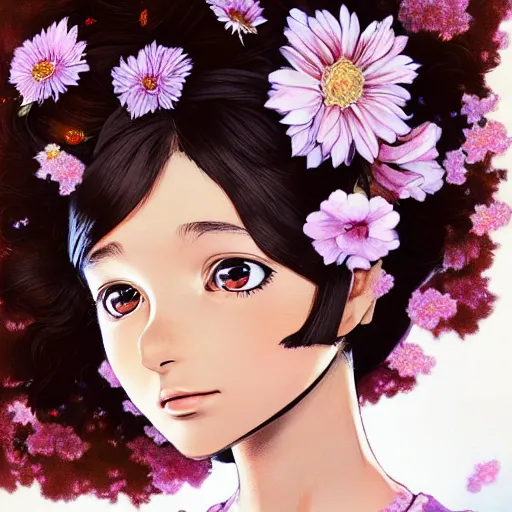 Prompt: little brown girl with flowers in hair wearing an white dress. art by ilya kuvshinov, profile picture, inspired in hirohiko araki, realistic, highly detailed, 8 0 s anime art style, vogue cover