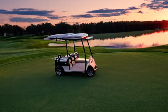 Prompt: a golf cart on a golf coarse at sunset in front of a lake