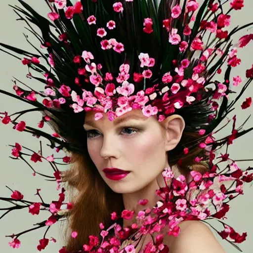 Prompt: headdress designed by philip treacy made of cherry blossoms