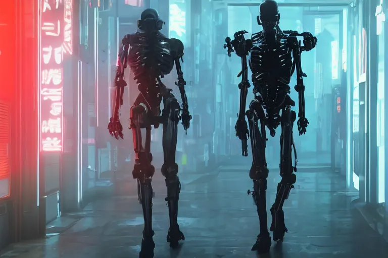 Image similar to cyberpunk single skeletal black mecha android walking inside hallway, Skeletal face !!!!!!singular-eye!!!!!!!!. long limbs black shiny. glowing_red_eye volumetric lighting slightly hazy. RTX UE5 Artstation Bladerunner_2049_scene!!!!!! Cyberpunk 2077 bladerunner2049!!! bladerunner!!! black android walking down white hallway slightly offset fancy hallway. reflective-room!!!!! Tom Bagshaw Greg Rutkowski Alphonse Mucha,.