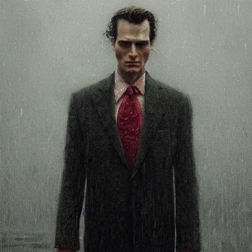 Prompt: patrick bateman standing in the rainy dark streets, portrait, wlop, beksinski and greg rutkowksi, beautiful ambience