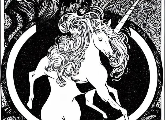 Prompt: clean simple line art of a beautiful elegant unicorn. white background. well composed, clean black and white line drawing, beautiful detailed face. illustration by steve ditko and jack kirby and alphonse mucha