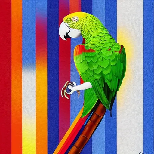 Image similar to Digital painting of a parrot painting the FC Barcelona logo onto a wall with a stalk of bamboo dipped in paint.