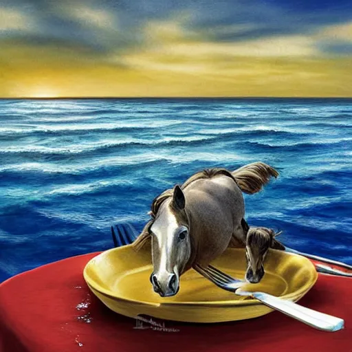 Prompt: horse swimming in the ocean with fork and knife, photorealistic, high detail