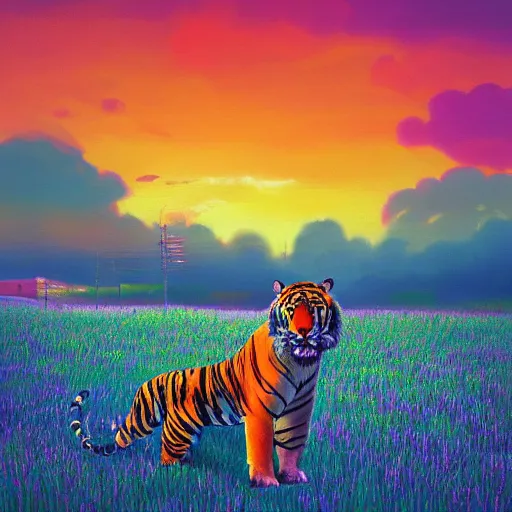 Prompt: a tiger watching a sunset, surreal photography, flower field, beautiful sunset on a summer day light, impressionist painting, colorful clouds, blue sky, digital painting, artstation, simon stalenhag