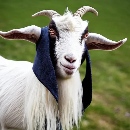 Image similar to a goat wearing a dark hooded cloak