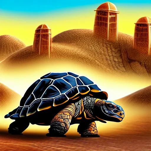 Image similar to Large Fantasy City riding on the back of a Giant tortoise stomping through the hot sunny desert, High detail, Dungeons and Dragons, Focus on giant tortoise, 4k