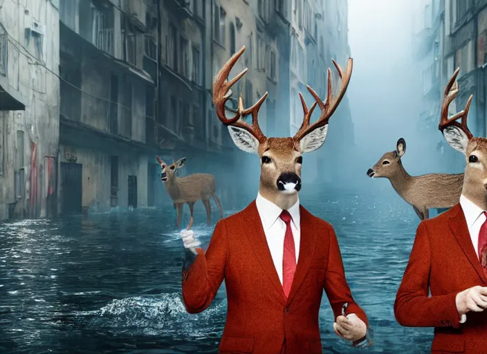 Image similar to a very high resolution image from a new movie, two deer wearing suits, in a narrow chinese alley, surrounded by water vapor, beatiful backgrounds, dramatic lighting, directed by wes anderson