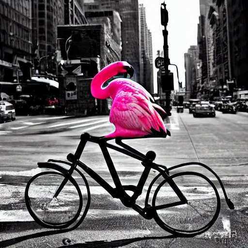 Prompt: flamingo riding a bicycle in New York City realistic photo, 50mm lens