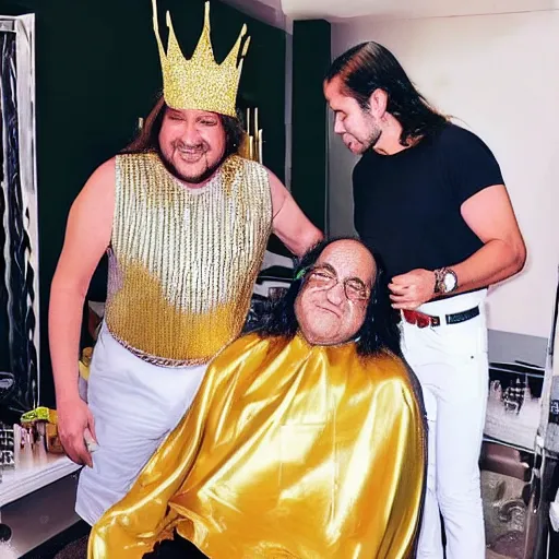 Prompt: handsome influencer - man with shiny and silky long hair getting hair styled with danny devito wearing a golden crown studded with sparkling diamonds, polaroid