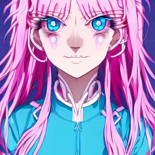 Prompt: stunningly beautiful omnipotent anime goddess with porcelain skin, pink hair and mesmerizing cyan eyes, symmetrical perfect face, mid view, hyperdetailed, 2 d, 8 k