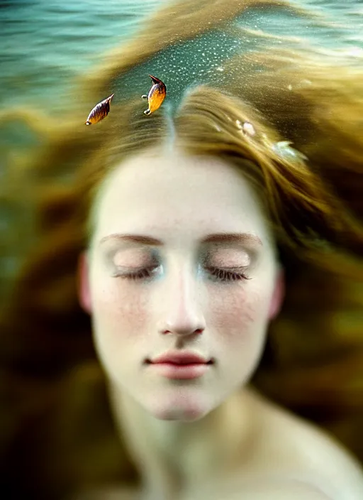 Image similar to Kodak Portra 400, 8K, soft light, volumetric lighting, highly detailed, sharp focus,britt marling style 3/4, Close-up portrait photography of a beautiful woman how pre-Raphaelites a woman with her eyes closed is surrounded by water , face is surrounded by fish, she has a beautiful lace dress and hair are intricate with highly detailed realistic beautiful flowers , Realistic, Refined, Highly Detailed, natural outdoor soft pastel lighting colors scheme, outdoor fine art photography, Hyper realistic, photo realistic