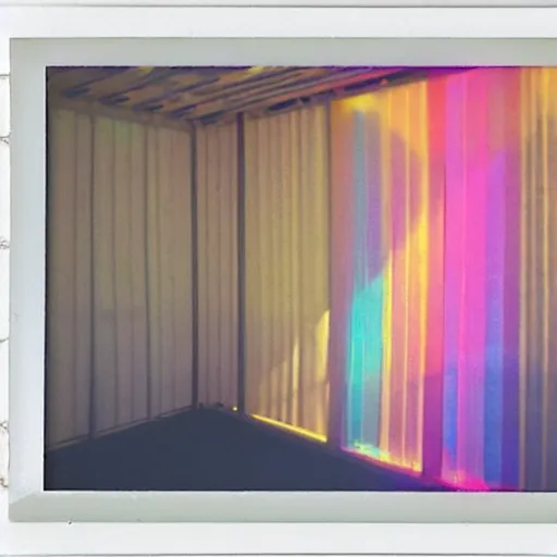 Image similar to a pastel coloured Polaroid photo of a luxurious sun bed and sun shade made of transparent iridescent perspex stood in a field, beams of light, nostalgic