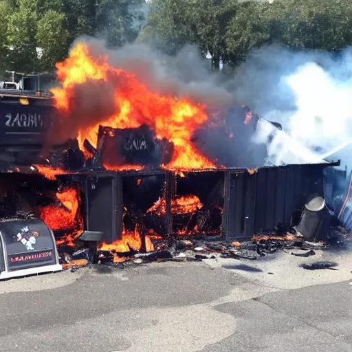 Image similar to Large dumpster fire on stage, crowd cheering