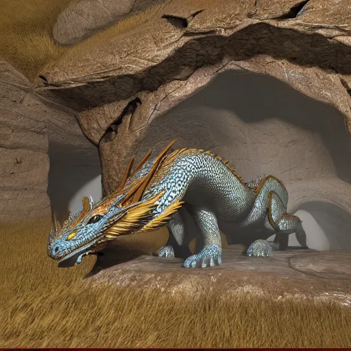 Image similar to dragon at the entrance to a mountain cave, sharp, realistic render