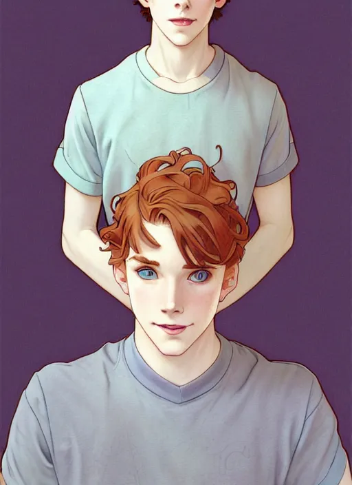 Image similar to art nouveau portrait of a teen boy with completely straight auburn hair, light blue eyes, pale skin, freckles, sad expression, t - shirt, modern casual clothing, natural lighting, path traced, highly detailed, high quality, cartoon, digital painting, by don bluth and ross tran and studio ghibli and alphonse mucha