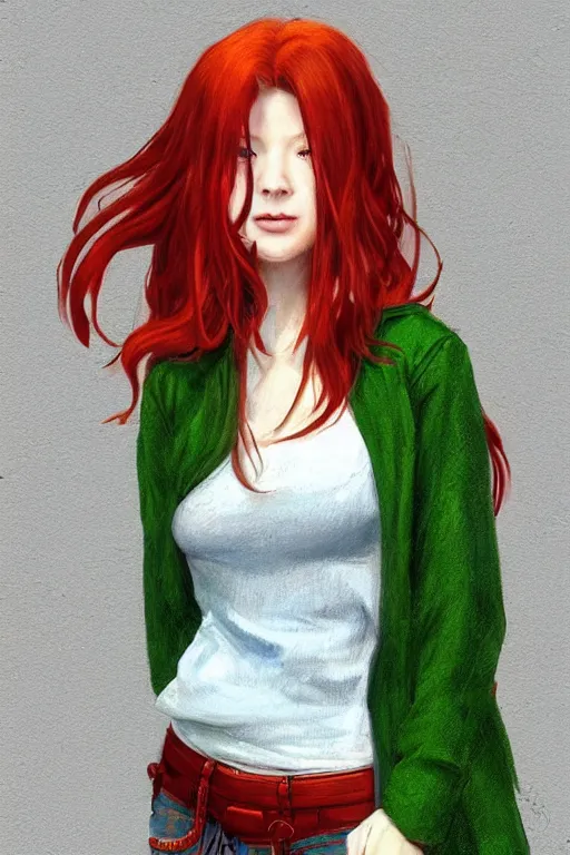 Image similar to beautiful cute red haired joyful and playful nineteen year old maiden standing up in casual green clothing, long hair, attractive face, modern city, rpg character, sci - fi, fantasy, intricate, elegant, digital painting, artstation, concept art, smooth, 8 k frostbite 3 engine, ultra detailed, art by artgerm and greg rutkowski and magali villeneuve