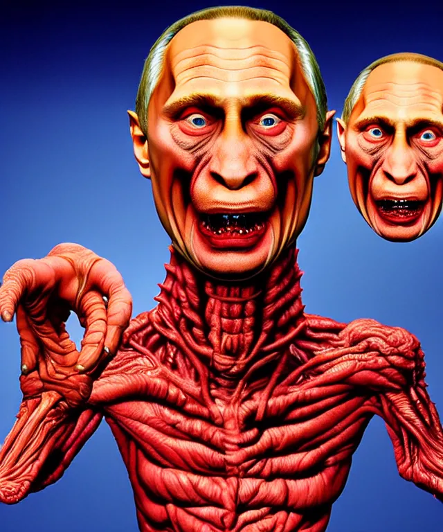 Image similar to hyperrealistic rendering, cronenberg flesh monster vladimir putin by art of skinner and richard corben and jeff easley, product photography, action figure, sofubi, studio lighting, colored gels