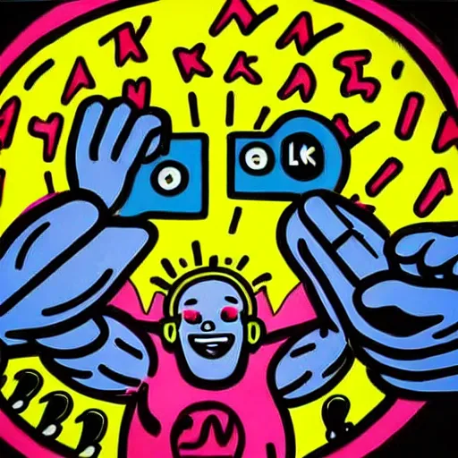 Image similar to pop art of someone taking a selfie smiling during the apocalypse, bright neon colors, intricate details, complementary colors, detailed face, backlighting, octane render, depth of field, extremely detailed, trending in artstation, focus on face, sharp focus, radiant light, beautiful composition, drawn by roy lichtenstein, keith haring, romero britto