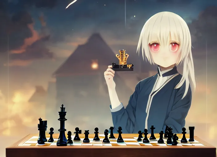 Image similar to rimuru playing chess, with gold eyes, sky blue straight hair, bangs, black jacket, high collar, concept art, award winning photography, digital painting, cinematic, by wlop, anime key visual, wlop, 8 k, by ross tran, tom bagshaw, ilya kuvshinov,