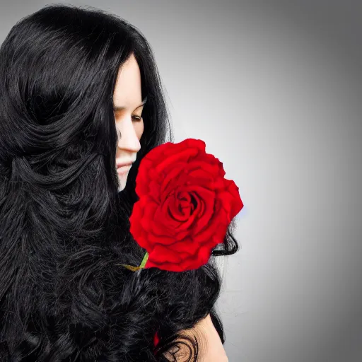 Image similar to long black haired haired woman wearing red and black clothes holding a red rose, highly detailed, 4k