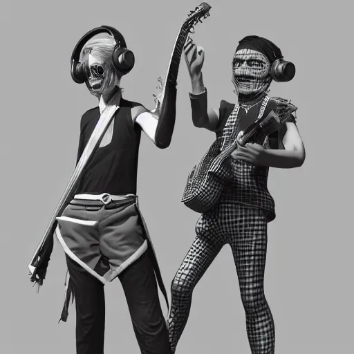 Image similar to RPG character concept art, duo of musicians wearing holographic headset interface, in the style of Jamie Hewlett Hiroya Oku Riyoko Ikeda, 3d render, artstation trending, 8k, octane render, photorealistic, sharp detail, manga, black and white