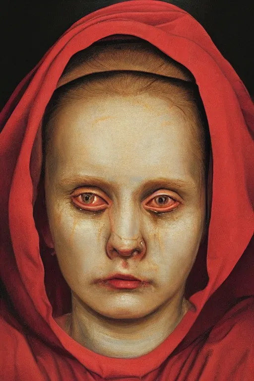 Prompt: hyperrealism close-up portrait of young nun, rotten skin red skin, hyper detailed golden crown, dark background, in style of classicism