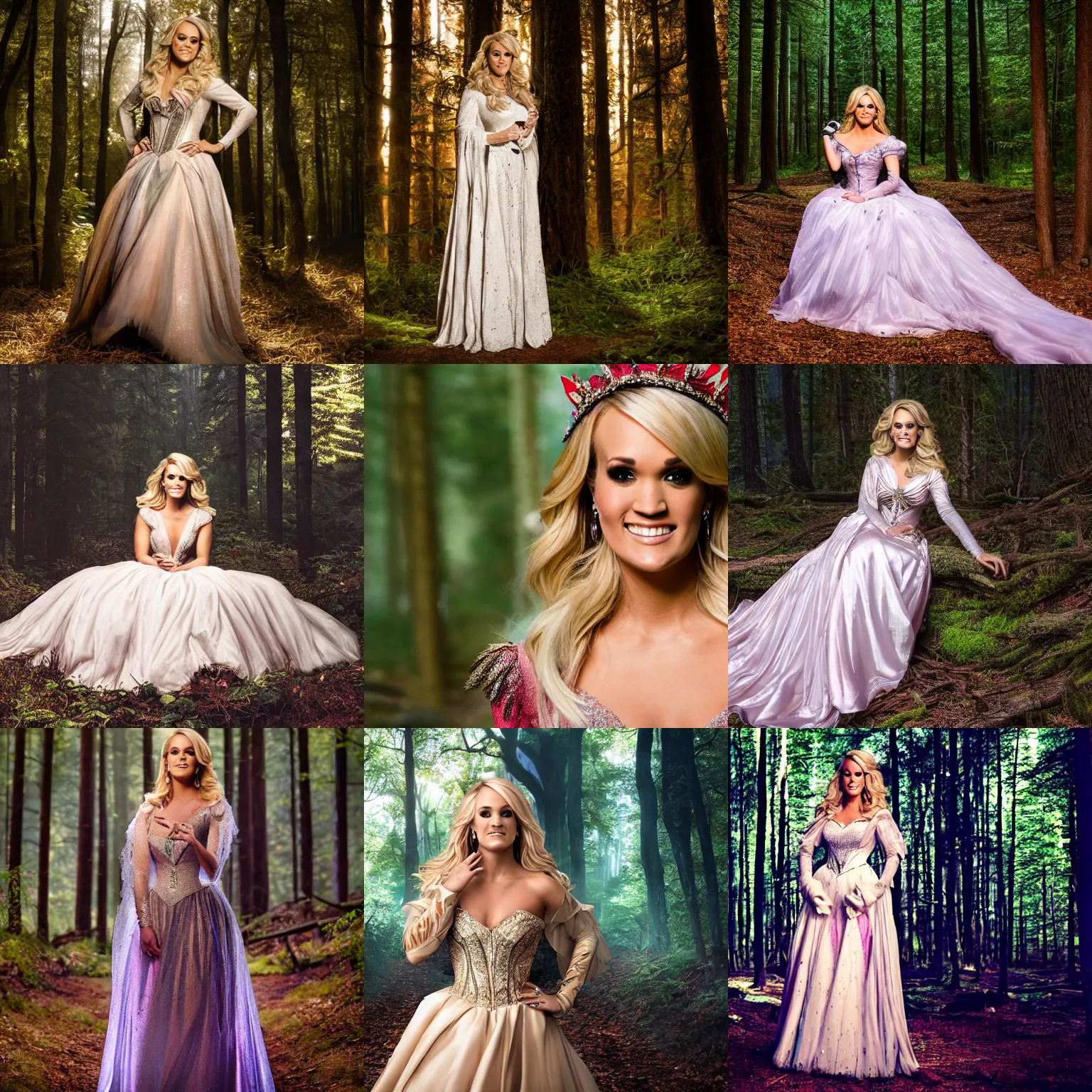 Prompt: a portrait shot of carrie underwood as sleeping beauty, dynamic lighting, 4 k hdr, hyper realistic, beautiful dress, pretty face, in a forest, smiling