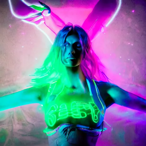 Prompt: full body pose, hyperrealistic photograph of a beautiful rave woman, glowsticks, dim volumetric lighting, 8 k, octane beautifully detailed render, extremely hyper detailed, intricate, epic composition, cinematic lighting, masterpiece, trending on artstation, very very detailed, stunning, hdr, smooth, sharp focus, high resolution, award, winning photo, dslr, 5 0 mm