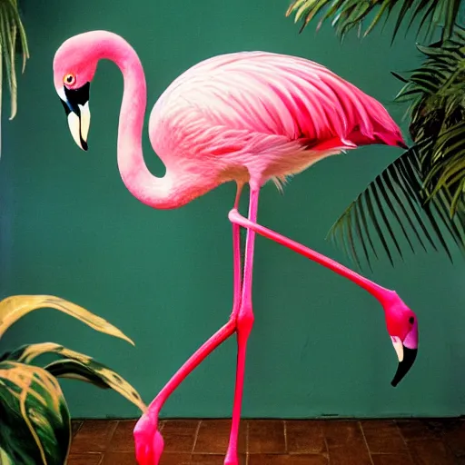 Prompt: hyper realistic portrait of pink flamingo in front banana plants and a flamingo print wall, 8 5 mm lens by annie leibovitz