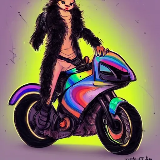 Image similar to wide angle full body, jacket wearing fluffy cute rainbow kitten wearing a black leather motorcycle jacket, riding on a motorcycle, cinematic concept art