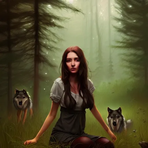 Image similar to a pretty girl surrounded by wolves, in the woods, digital painting, photorealistic, in the style of greg rutkowski, full body, detailed face