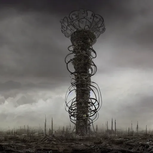 Image similar to giant evil bio-organic fleshy complex machine tower with tendrils and one eyeball at the top looking over a stormy post-apocalyptic wasteland, dystopian art