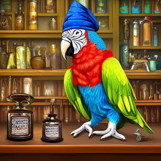 Prompt: Anthropomorphized parrot trader in his shop, shelves full, selling a gem, portrait, items, magic potions, carpet, window, fancy funny hat, sly expression , cunning expression, cute expression, presenting magic gem, D&D, fantasy, cinematic lighting, highly detailed, digital painting, artstation, concept art, smooth, sharp focus, illustration, warm light, cozy warm tint, magic the gathering artwork, volumetric lighting, 8k, no gold, no gold colours, art by Akihiko Yoshida, Greg Rutkowski