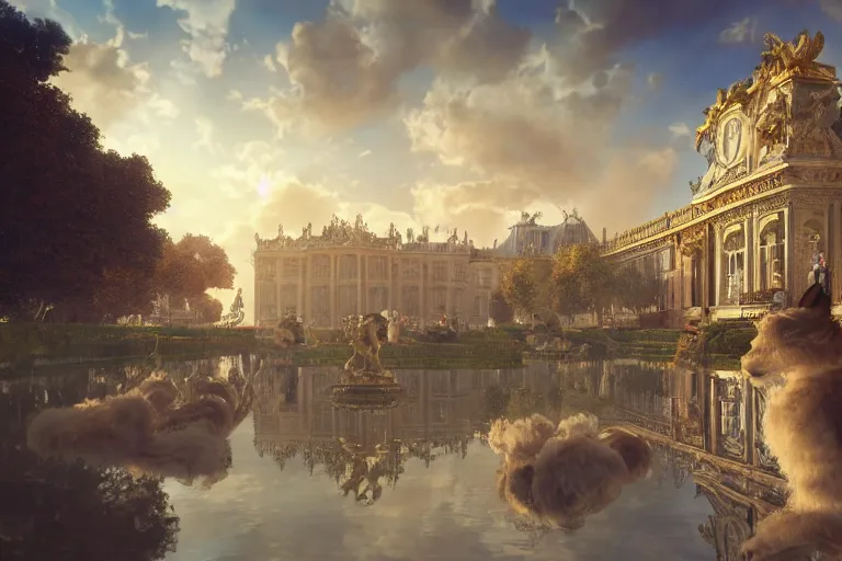 Image similar to Versailles France but it is floating in the sky with steampunk technology while large white fluffy animals fly by, oil painting, unity engine, wide angle, anime styled 3d, trending on artstation, high definition, god rays, caustics