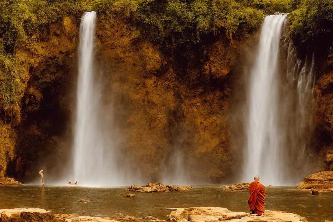 Image similar to dang ngo, annie leibovitz, steve mccurry, a simply breathtaking shot of mediating monk in orange, giantic waterfall, sunshine, golden ratio, wide shot, symmetrical