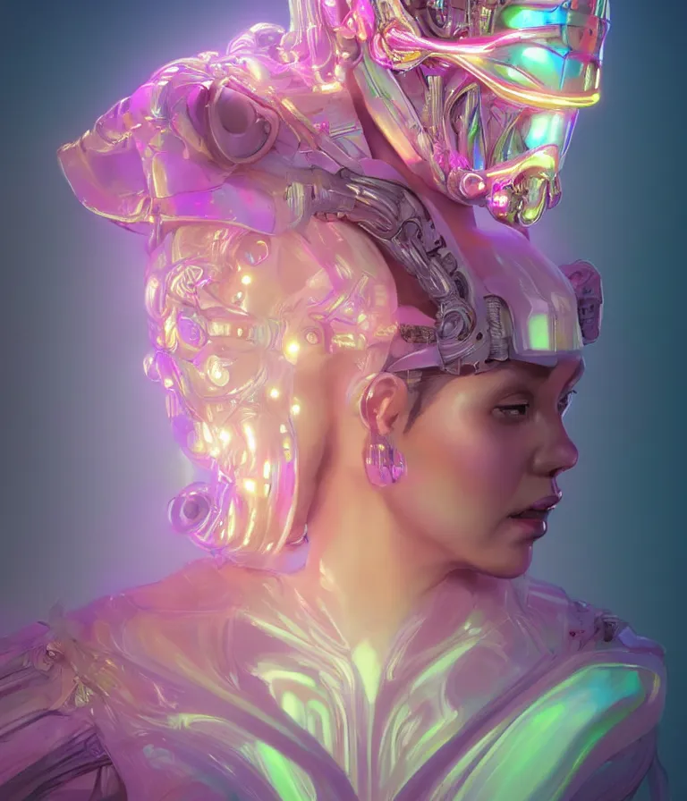 Image similar to iridescent portrait of a beautiful princess in robe. hard surface modelling. cyberpunk look. biomechanical mask. bio luminescent biomechanical halo around head. neon jellyfish. artwork by jarold Sng by artgerm, by Eddie Mendoza, by Peter mohrbacher by tooth wu, unreal engine, octane render, cinematic light, high details, iridescent colors, dichroic, macro, 4l