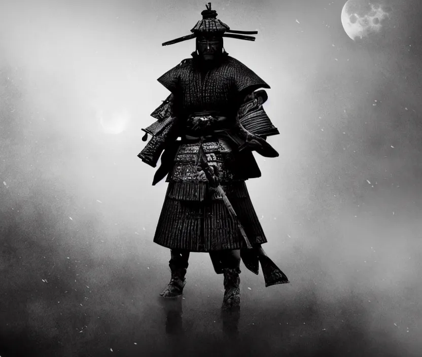 Prompt: '2d design graphic a samurai in the night ,big white moon background , gloomy and foggy atmosphere, octane render, horror scene, highly detailded , black and white ink '