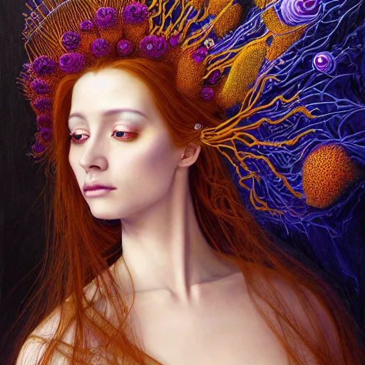 Image similar to portrait of a young female wizard in flowing sensual dress, arrogant, long fine flowing hair, delicate, looking at camera, slight nerdy awkward smile, realistic face, stylish, elegant, grimdark fantasy, flowers, mysterious, extremely detailed painting inspired by Gerald Brom and Ernst Haeckel and Victor Nizovtsev, studio lighting