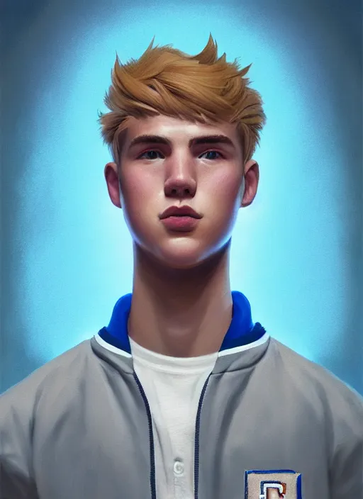 Image similar to portrait of high school senior boy named big moose, blonde short hair, jock, beefy, wide face, square jaw, square facial structure, blue varsity jacket with letter r, intricate, elegant, glowing lights, highly detailed, digital painting, artstation, concept art, sharp focus, illustration, art by wlop, mars ravelo and greg rutkowski