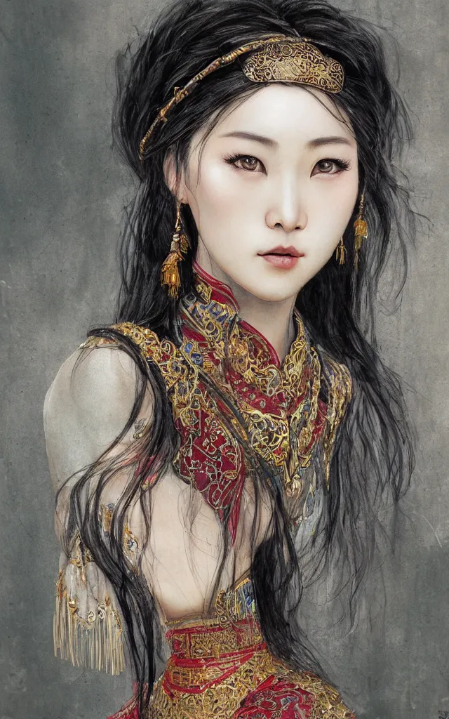 Image similar to 3 quarter view portrait of beautiful Chinese girl wearing traditional Kyrgyz clothing, wearing tarnished jewelry, dim stormy black background, ArtStation, muted color scheme, by Luis Royo and WLOP