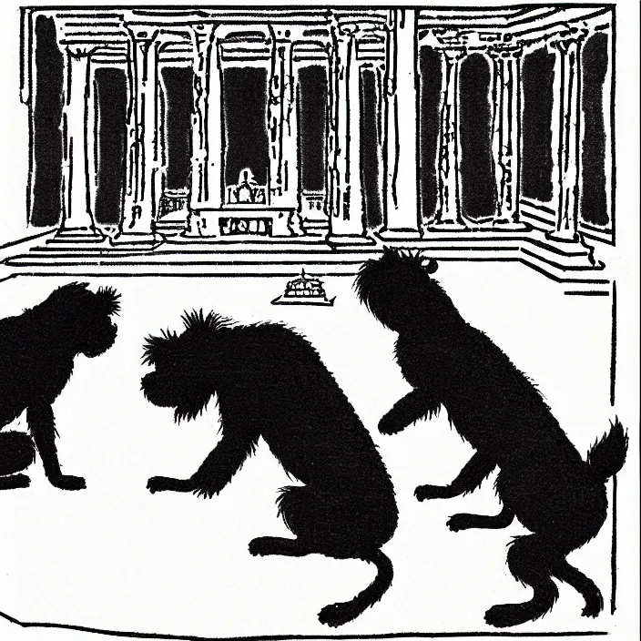 Prompt: a still frame from comic strip, two black furry hairy dogs melting in an ancient temple 1 9 5 0, herluf bidstrup, new yorker illustration, monochrome bw, lineart, manga, tadanori yokoo, simplified,