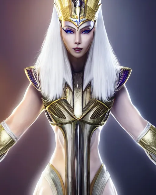 Image similar to perfect white haired attractive egyptian goddess, warframe armor, pharaoh headdress, beautiful, symmetric, dreamy, half asian, pretty face, green eyes, charlize theron, detailed, scifi platform, laboratory, experiment, 4 k, ultra realistic, epic lighting, android body, illuminated, cinematic, masterpiece, art by akihito tsukushi, voidstar