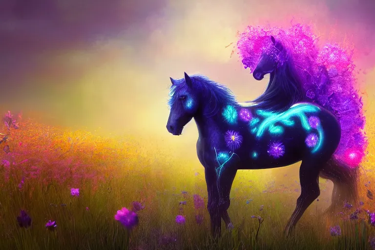 Image similar to a stunning digital painting of a horse with a mane of bioluminescent flowers running through a field of flowers by eddie mendoza, flowerpunk, volumetric light, digital art, fine detail, photorealistic
