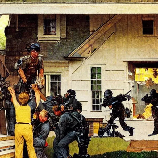 Image similar to A Norman Rockwell painting of a house being raided by a SWAT team, detailed, masterpiece